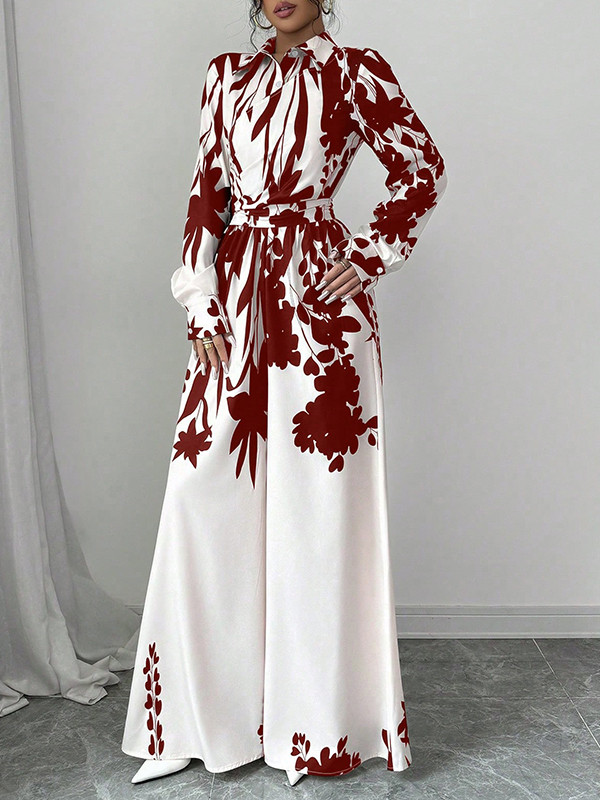 Long Sleeves Loose Floral Printed Split-Joint Tied Waist Lapel Jumpsuits
