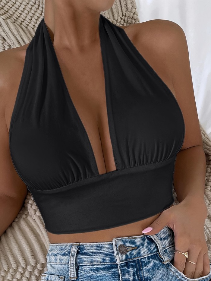 Vacation Style Backless Summer Crop Top - Solid V-neck Halter - Women's Clothing