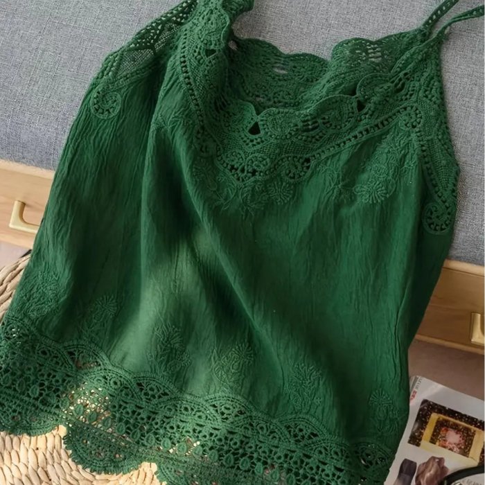 Chic Lace Embroidery V-Neck Cami Top - Breathable Polyester, Semi-Sheer, Perfect for Summer & Beach Outings