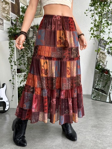 Women's Vintage Patchwork Print Multi-Layered Hem Half-Skirt Spring\u002FSummer Style