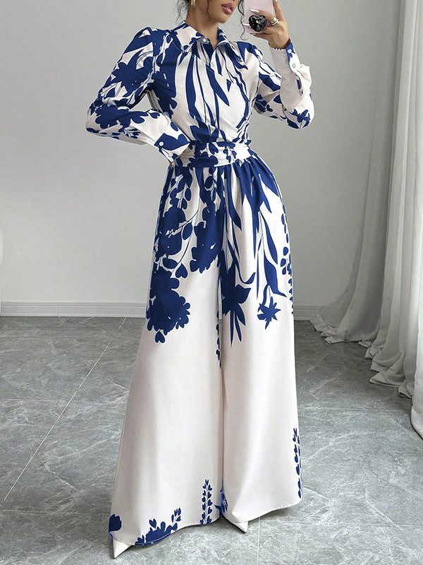 Long Sleeves Loose Floral Printed Split-Joint Tied Waist Lapel Jumpsuits
