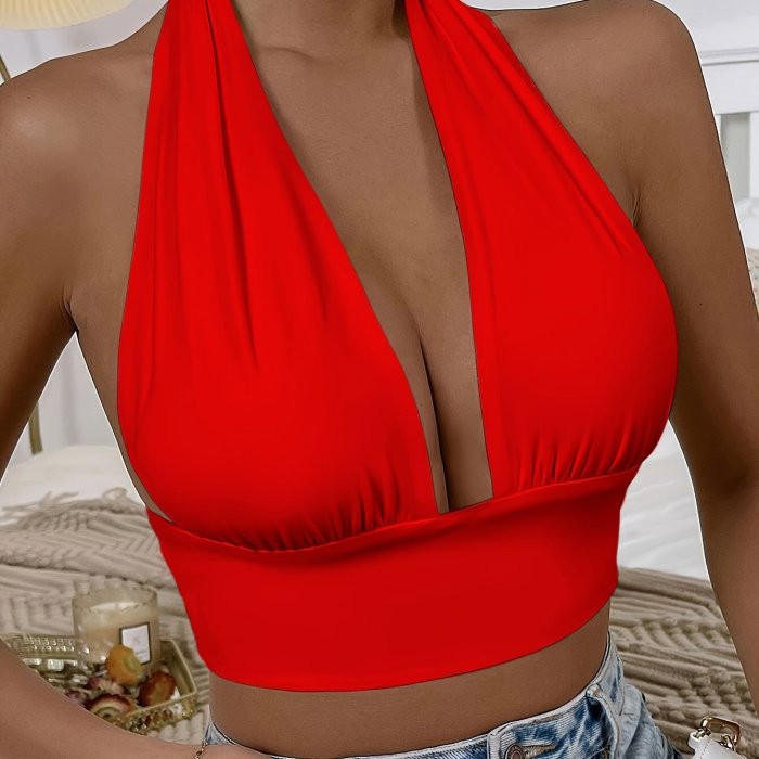Vacation Style Backless Summer Crop Top - Solid V-neck Halter - Women's Clothing
