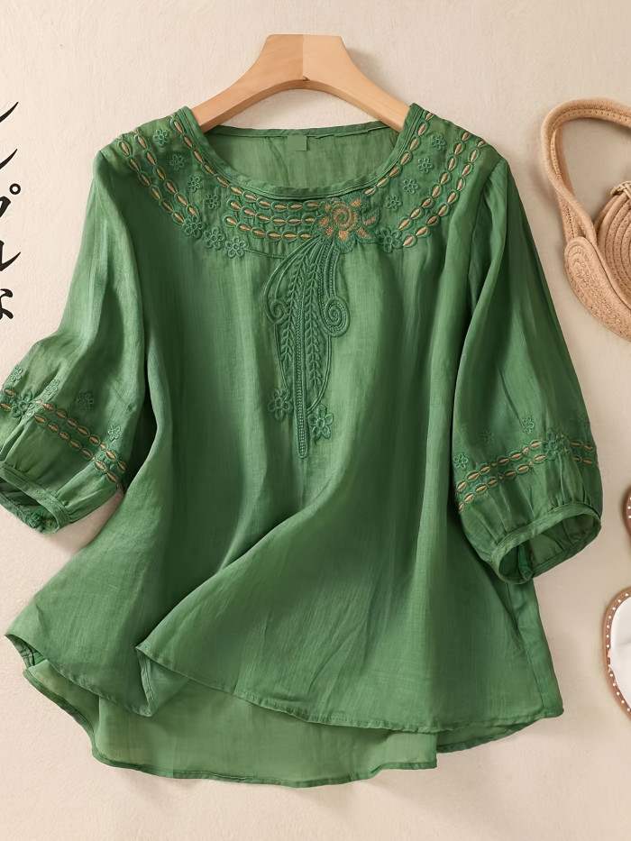 Women's Plus Size Vintage Embroidered Linen Blouse - Half Sleeve, Round Neck, Lightweight & Breathable, Green\u002FBlack\u002FPink\u002FYellow, Casual Summer Wear, Ladies Blouses
