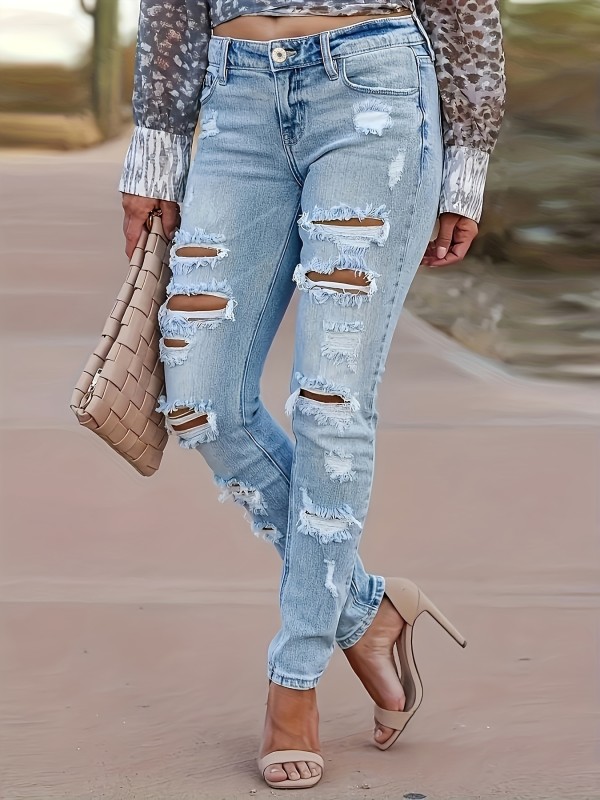 European And American Style Sexy Ripped Casual Women'S Slim-Fit Stretchy Denim Long Pants