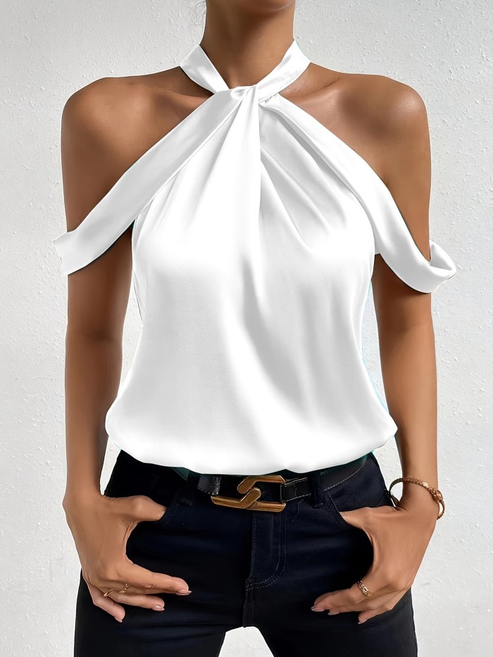For Spring & Summer, Elegant Solid Color Twist Front Loose Blouse, Cold Shoulder Women's Clothing