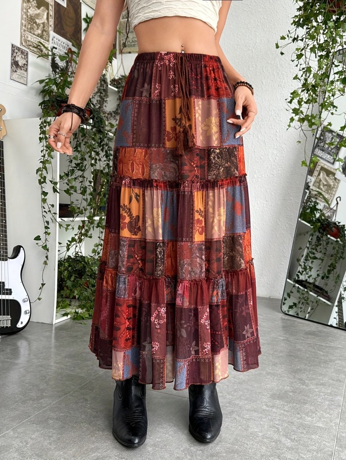 Women's Vintage Patchwork Print Multi-Layered Hem Half-Skirt Spring\u002FSummer Style