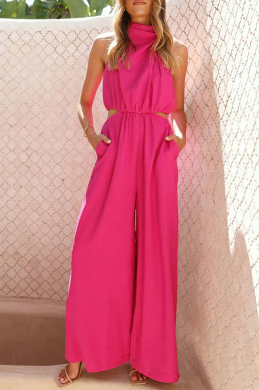 Casual Solid Color Hollow Out Pocket Halter Loose Jumpsuits