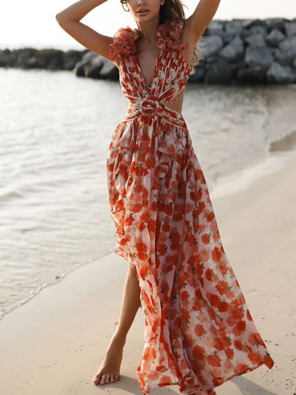 Vacation backless printed dress