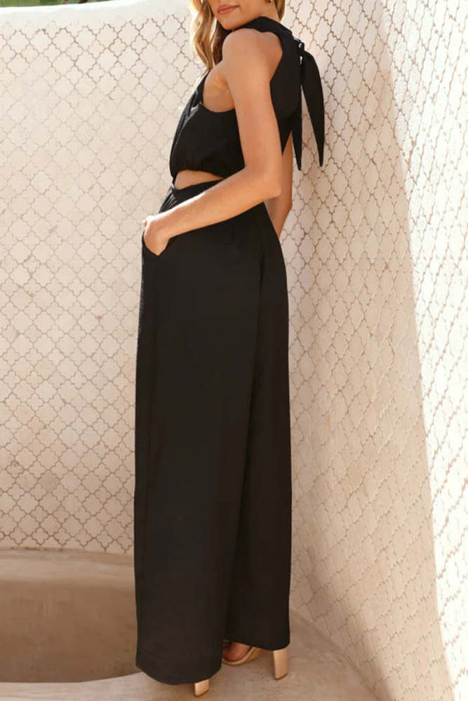Casual Solid Color Hollow Out Pocket Halter Loose Jumpsuits