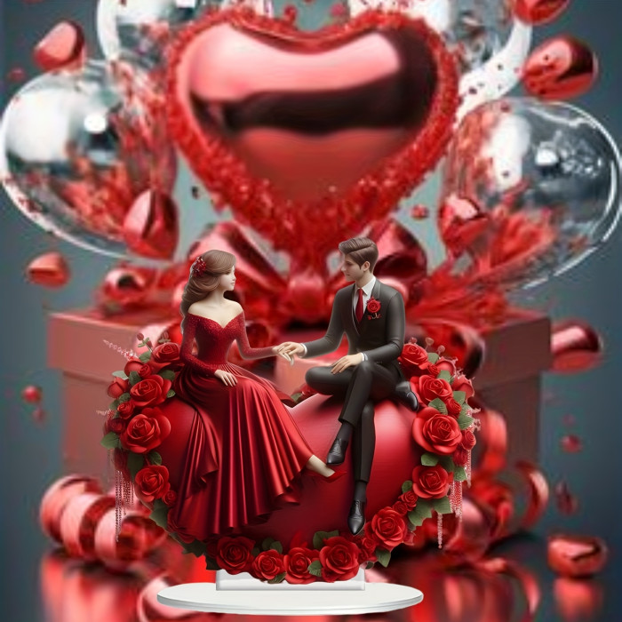 1pc of Fashion Romantic Rose Couple Crystal Table Decoration, 2D Graphic Design Valentine's Day Only, Multi-Purpose, No Power Required, English Text, Desktop Display Signage