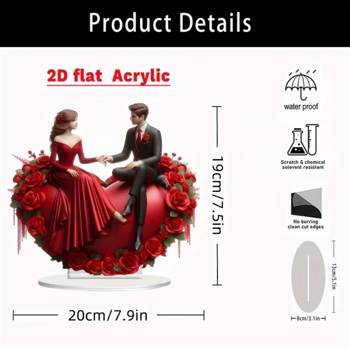 1pc of Fashion Romantic Rose Couple Crystal Table Decoration, 2D Graphic Design Valentine's Day Only, Multi-Purpose, No Power Required, English Text, Desktop Display Signage