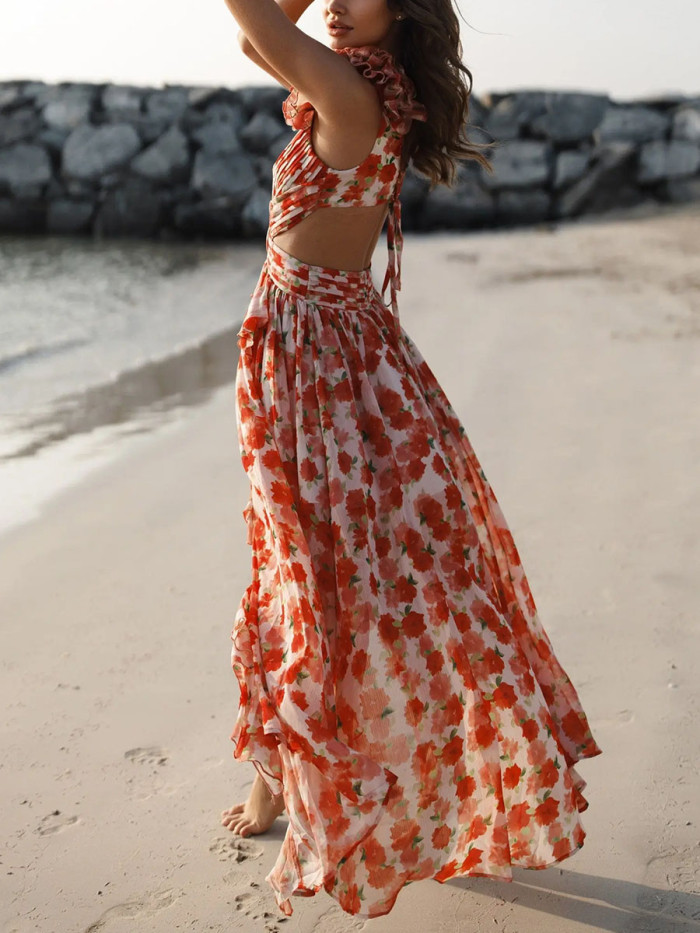 Vacation backless printed dress