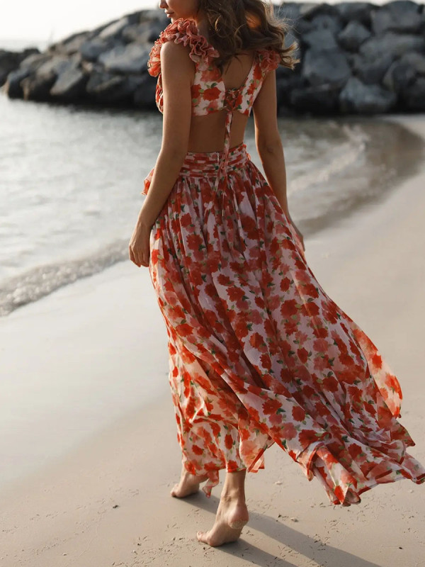 Vacation backless printed dress
