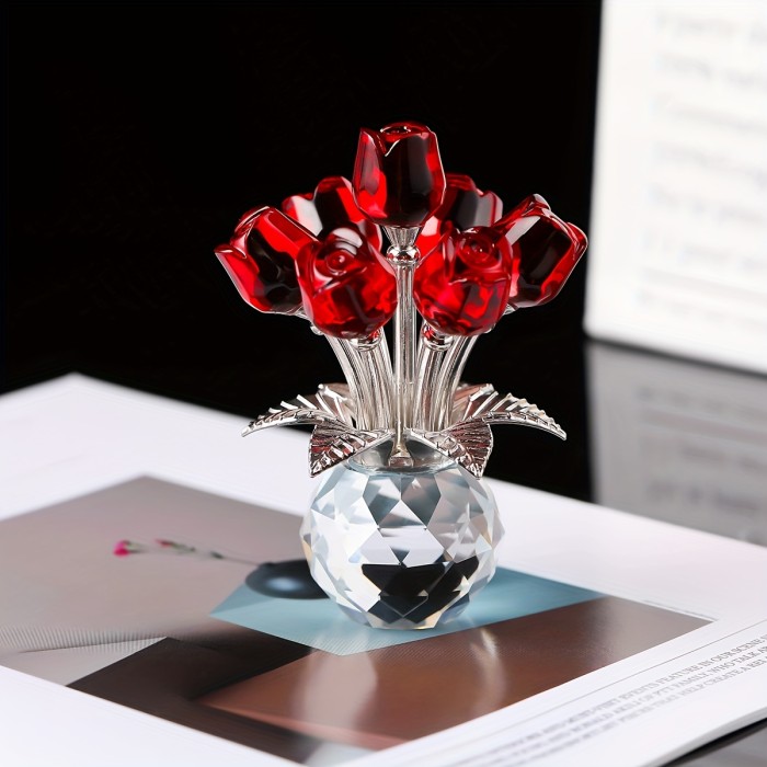 Handcrafted Red Rose Crystal Figurine with Vase - Elegant, Unique Gift for Wife or Girlfriend, Perfect Home & Office Decor for Valentine's Day