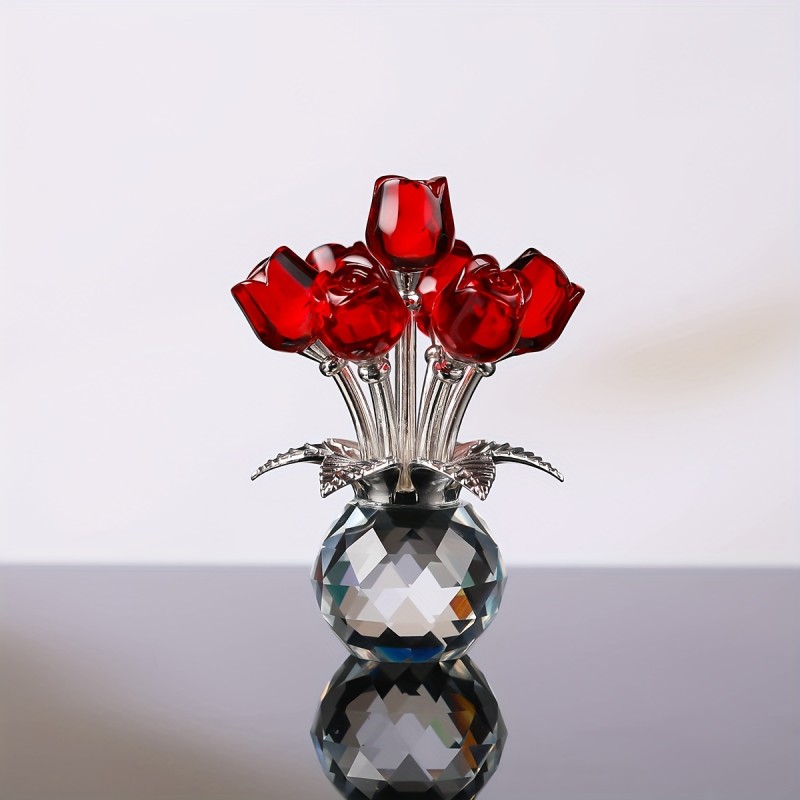 Handcrafted Red Rose Crystal Figurine with Vase - Elegant, Unique Gift for Wife or Girlfriend, Perfect Home & Office Decor for Valentine's Day