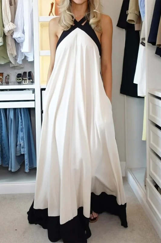 Casual Solid Color Patchwork Contrast Halter Long Dresses