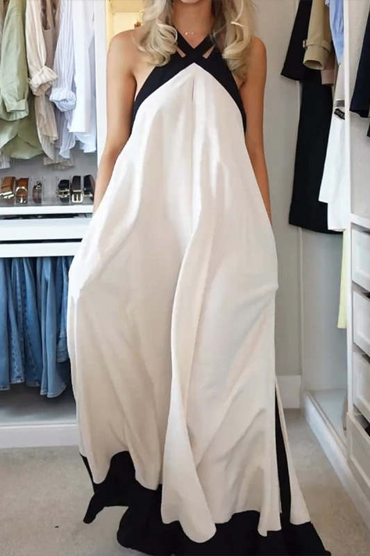 Casual Solid Color Patchwork Contrast Halter Long Dresses