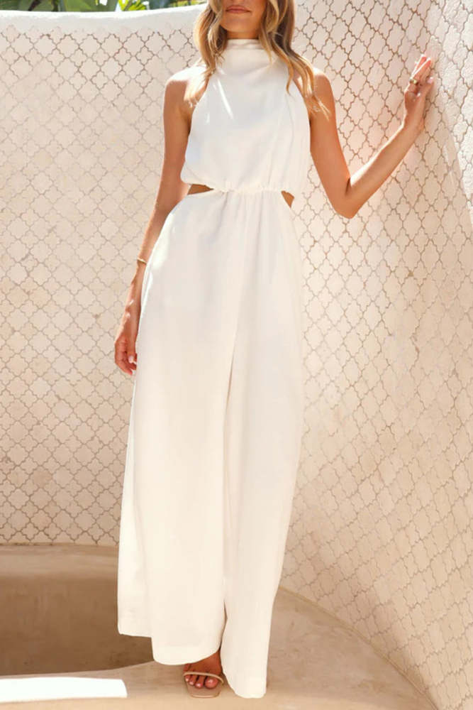 Casual Solid Color Hollow Out Pocket Halter Loose Jumpsuits