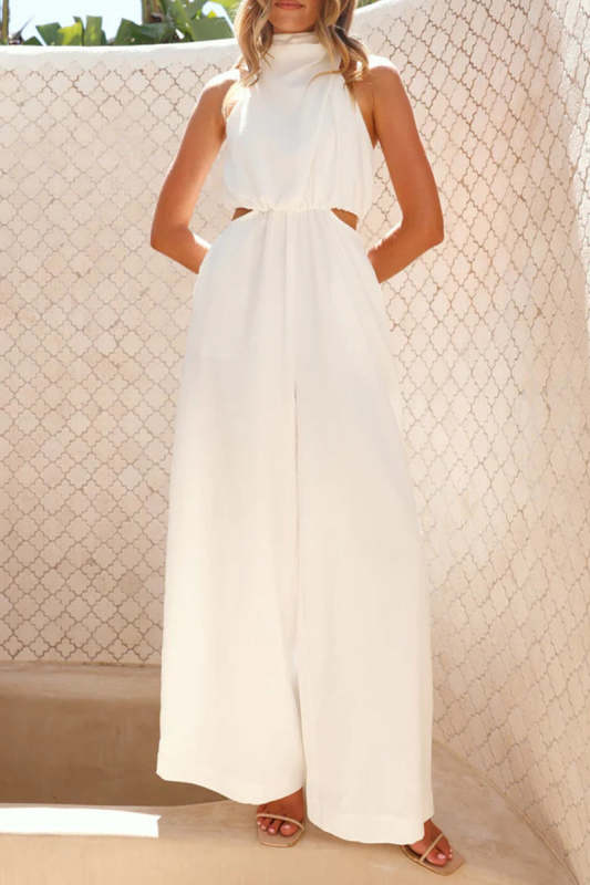 Casual Solid Color Hollow Out Pocket Halter Loose Jumpsuits