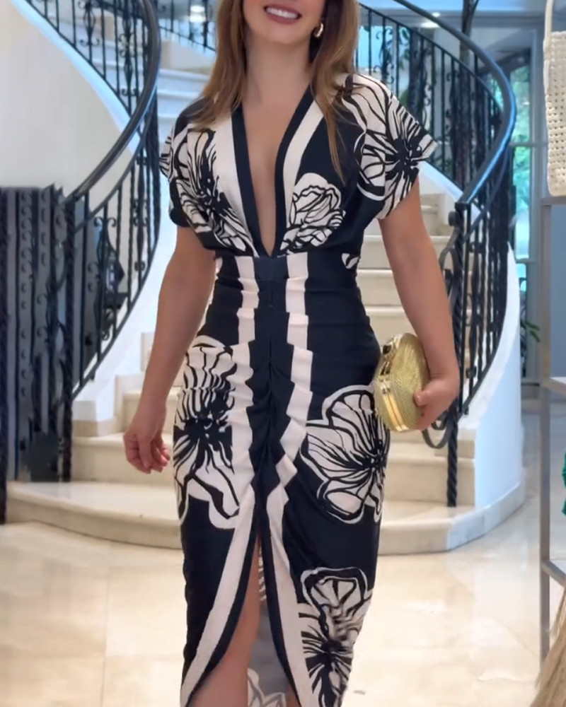 Women’s Midi Dress - V-Neck Split Dress