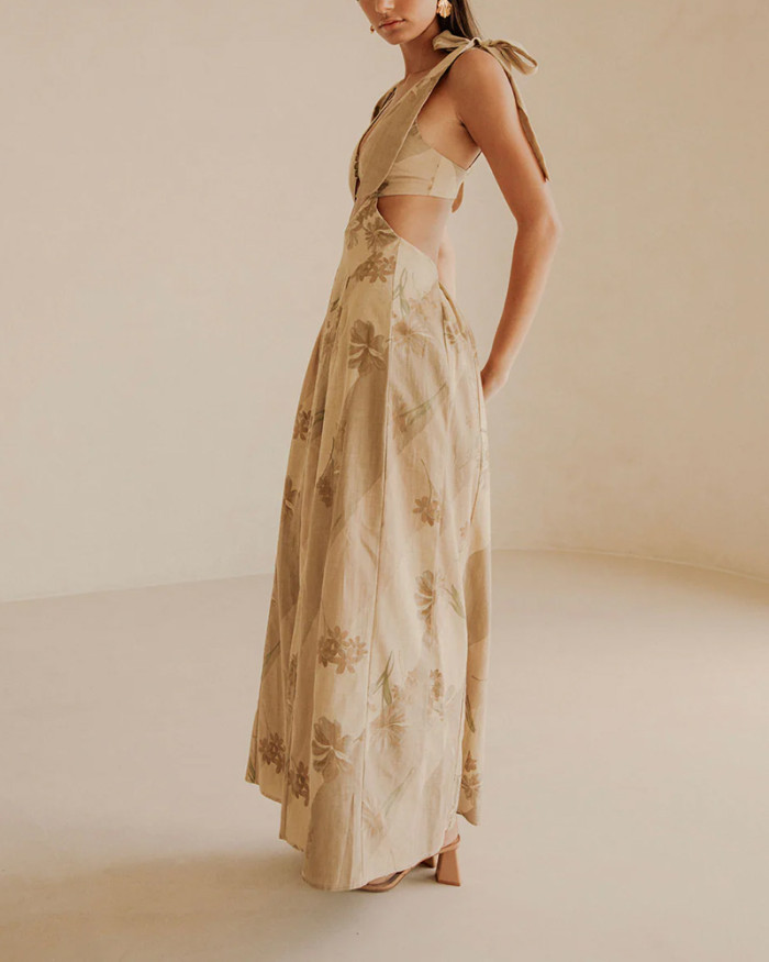 Casual Printed Lace-Up Dress