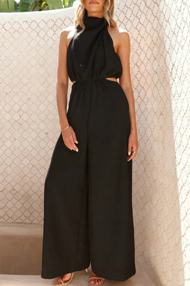 Casual Solid Color Hollow Out Pocket Halter Loose Jumpsuits