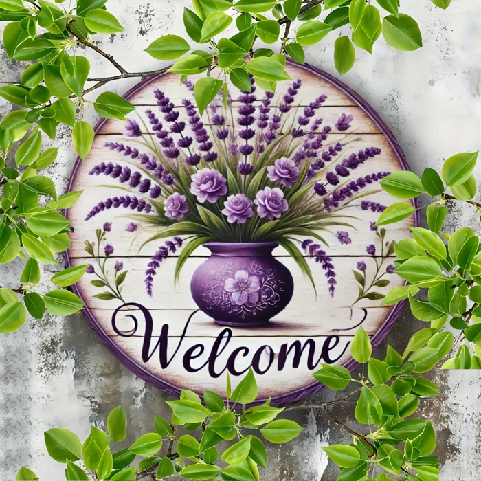 Room Decor 1pc Lavender Wreath Welcome Sign, 8x8 Inch Round Iron Wall Art, Rustic Farmhouse Porch & Bedroom Decor, Durable Metal Floral Theme Hanging Plaque, Multi-Purpose Holiday Gift, Porch Decor, 2D, Perfect for Room Decor