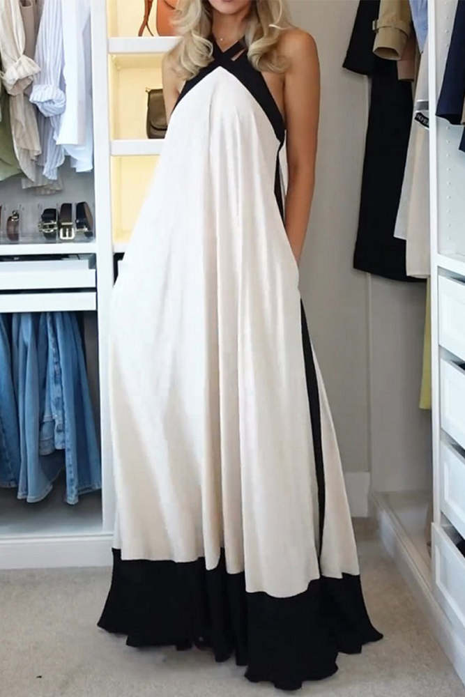 Casual Solid Color Patchwork Contrast Halter Long Dresses