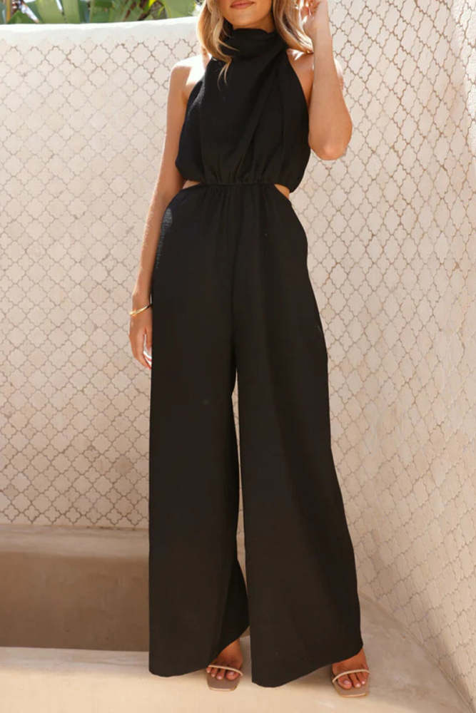 Casual Solid Color Hollow Out Pocket Halter Loose Jumpsuits
