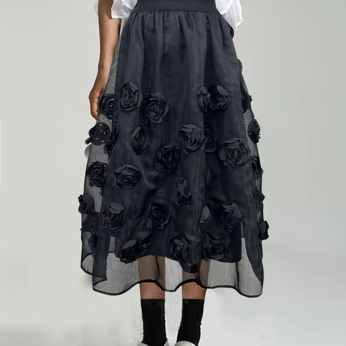 Graceful Look Elegant French-Inspired High-Waist Midi Skirt with Delicate 3D Floral Appliqués, Flowy Tulle Overlay - Chic Black Polyester, Machine Washable for All Seasons, Chic Formal Wear|Frenchinspired Fashion|Woven Texture