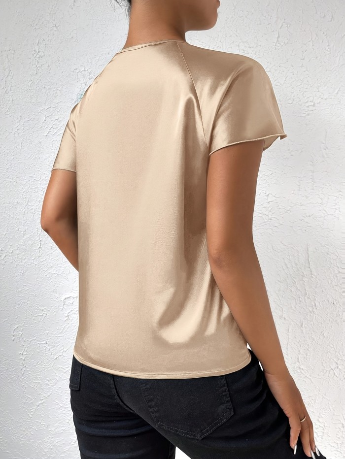 Summer Women's Shirt Solid Color Asymmetric Collar Shoulder Twist Shirt