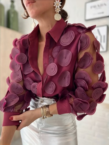 3D Floral Elegant Shirt Women'S Elegant 3D Floral Applique Shirt, Geometric-Pattern Polyester Blouse with Lapel Collar, Woven Fabric, Regular Fit for Spring\u002FSummer\u002FFall - 95% Polyester, 5% Spandex