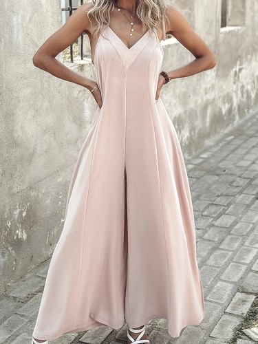 Women'S Fashion Casual Wide Leg Jumpsuit, Spaghetti Strap, Solid Color, Polyester, with Pocket, for Adult