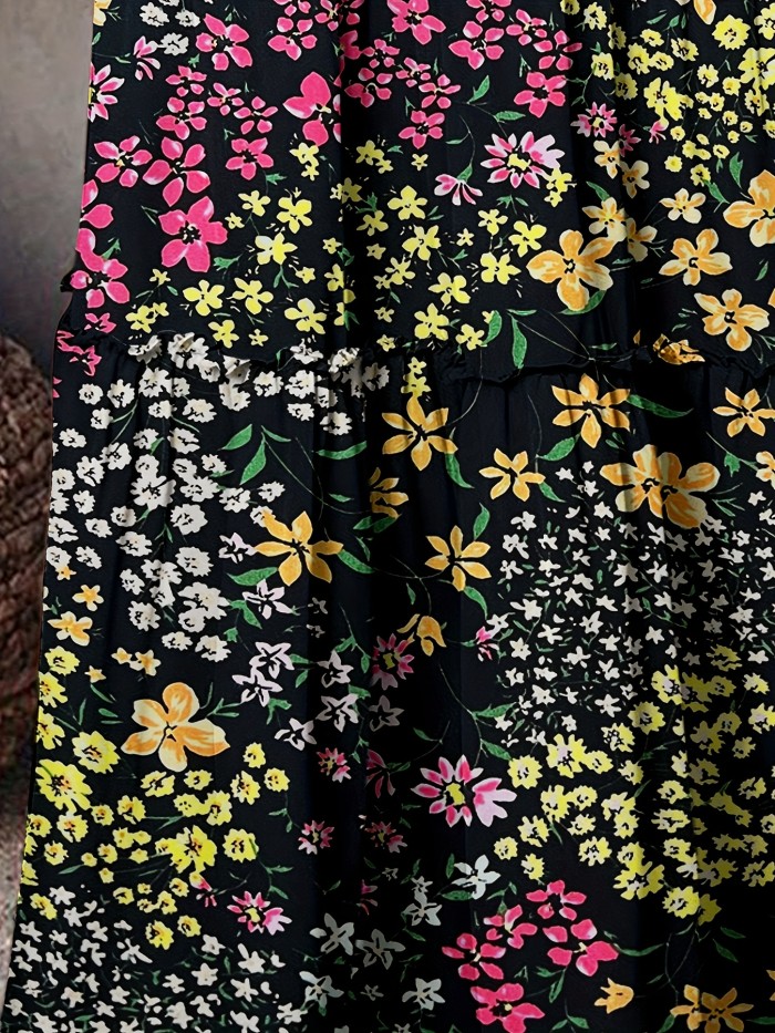 Summer Vibes) Women's Floral Print Long Skirt, 100% Polyester Casual Style with Frill Detail, Woven Spring\u002FSummer Maxi Skirt