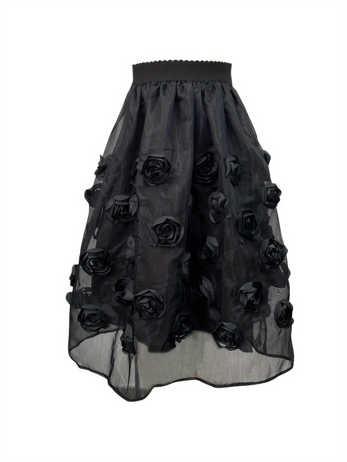 Graceful Look Elegant French-Inspired High-Waist Midi Skirt with Delicate 3D Floral Appliqués, Flowy Tulle Overlay - Chic Black Polyester, Machine Washable for All Seasons, Chic Formal Wear|Frenchinspired Fashion|Woven Texture