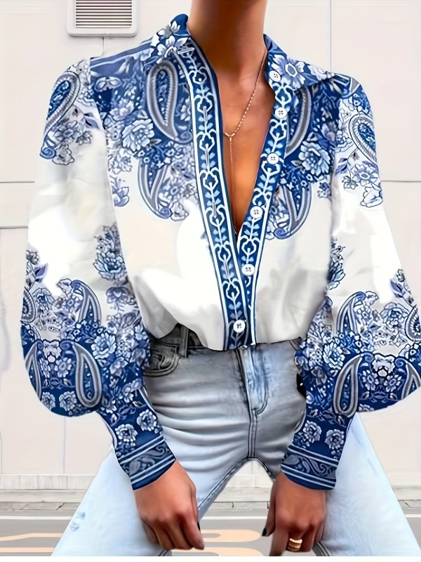 Paisley Print Button Up Shirt Paisley Print Button Up Shirt, Vacation Style Lantern Sleeve Shirt For Spring & Fall, Women's Clothing