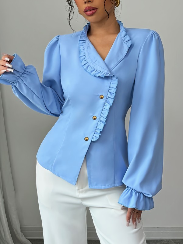 Elegant French Style Blue Asymmetrical Button Ruffle Hem Long Sleeve Blouse for Women - Polyester, Machine Washable, Perfect for Autumn
