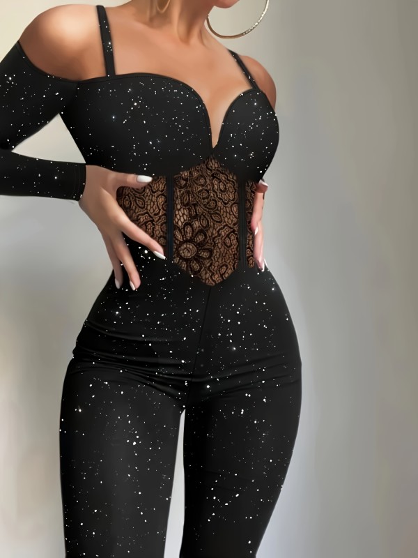 Navy Blue Sequin V-Neck Elegant Women's Off-Shoulder Long Sleeve Jumpsuit - Stretchy Polyester\u002FSpandex Blend, Machine Washable, Lace Detail
