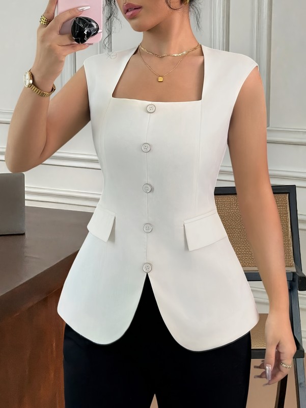 Elegant Sleeveless Backless Blazer for Women - Chic Square Neck, Button Front, Slim Fit Design, Polyester, Machine Washable
