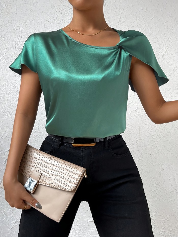 Summer Women's Shirt Solid Color Asymmetric Collar Shoulder Twist Shirt