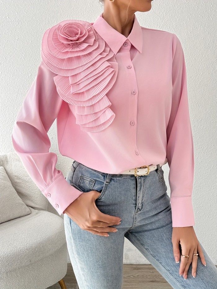 Elegant Women's Long Sleeve Blouse with Floral Appliqué - Pink Polyester, Button-Up Collared Shirt, Machine Washable, Perfect for Spring\u002FSummer Fashion