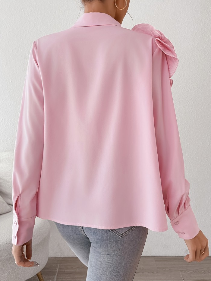Elegant Women's Long Sleeve Blouse with Floral Appliqué - Pink Polyester, Button-Up Collared Shirt, Machine Washable, Perfect for Spring\u002FSummer Fashion