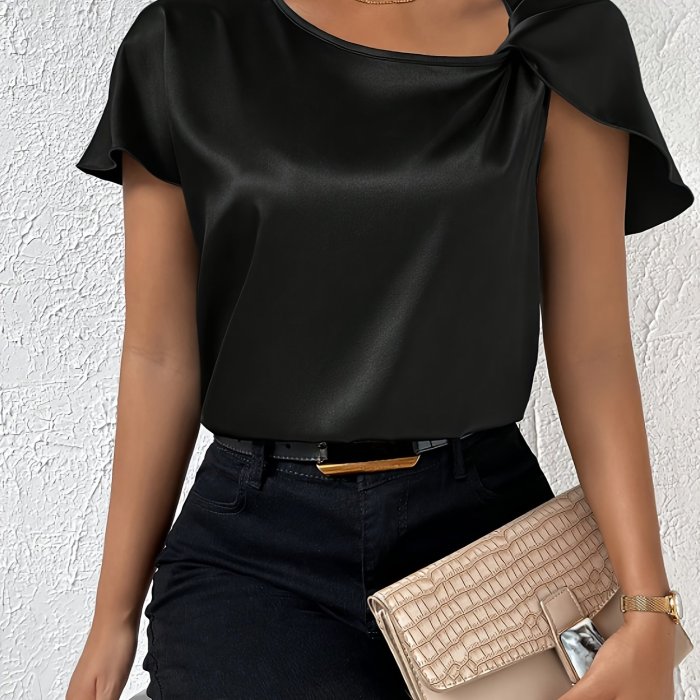 Summer Women's Shirt Solid Color Asymmetric Collar Shoulder Twist Shirt