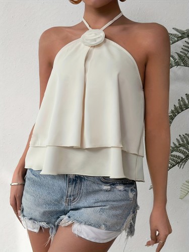 Elegant Halter Neck Blouse with Floral Detail - Double Layered Ruffle Hem, Sleeveless Polyester Top for Women, Machine Washable, Summer Fashion Top|Ruffled Hem Detail|Halter Neck Design
