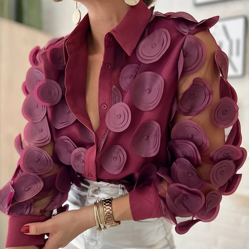 3D Floral Elegant Shirt Women'S Elegant 3D Floral Applique Shirt, Geometric-Pattern Polyester Blouse with Lapel Collar, Woven Fabric, Regular Fit for Spring\u002FSummer\u002FFall - 95% Polyester, 5% Spandex