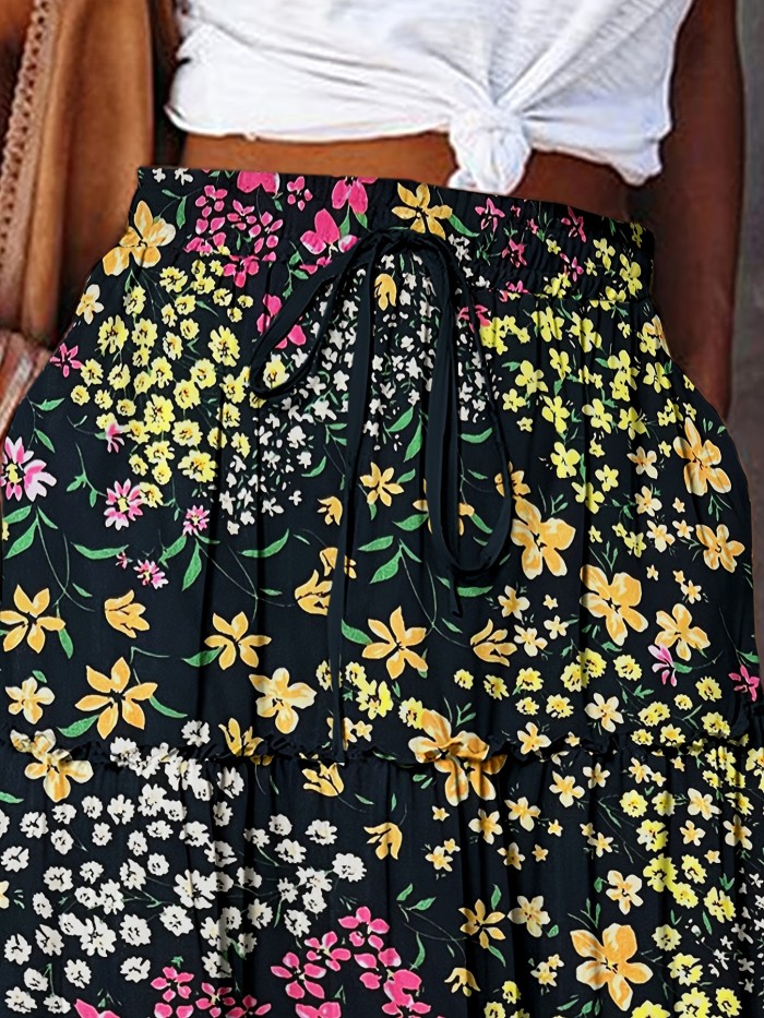 Summer Vibes) Women's Floral Print Long Skirt, 100% Polyester Casual Style with Frill Detail, Woven Spring\u002FSummer Maxi Skirt