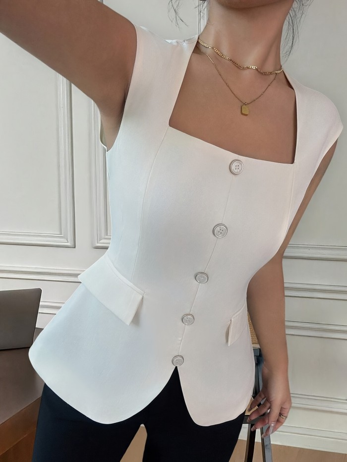 Elegant Sleeveless Backless Blazer for Women - Chic Square Neck, Button Front, Slim Fit Design, Polyester, Machine Washable
