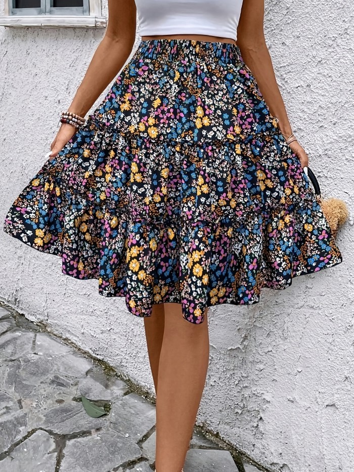 Print Skirt - Vibrant Blue, High-Waisted A-Line, Polyester Blend, Machine Washable, Perfect for Spring\u002FSummer\u002FFall
