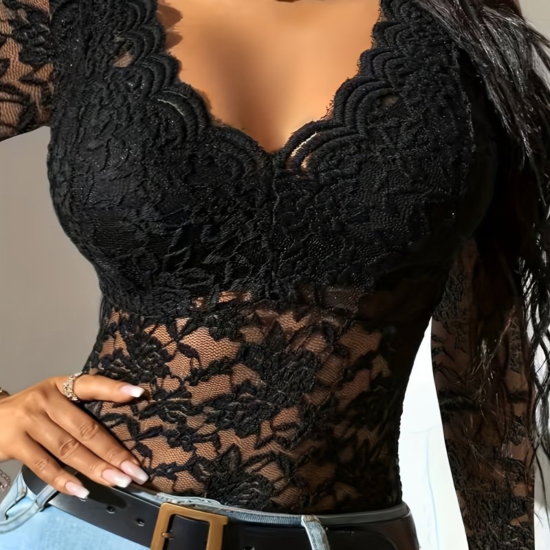 Long Sleeve Elegant V-Neck Top Elegant Women's Green Lace V-Neck Top - Scalloped Neckline, Long Sleeve, Slim Fit, Semi-Sheer with Geometric Patterns | Perfect for Spring\u002FSummer\u002FFall Events