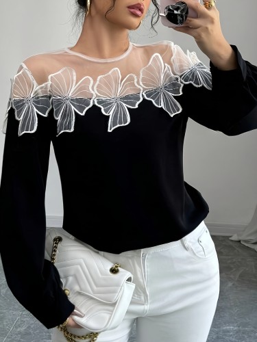 Polyester Blouse with Elastane Knit Elegant Off-Shoulder Women's Blouse, Color Block Design with Mesh Detail, Polyester and Elastane, Knit Fabric - Spring\u002FAutumn